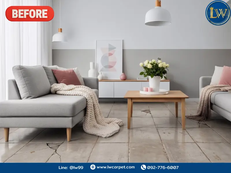 ก่อน-หลัง ปูพรมแผ่น Carpet Tile รุ่น CKK-03 ลายเส้นริ้วโทนน้ำตาล-เทา เปลี่ยนพื้นห้องนั่งเล่นให้ดูอบอุ่น