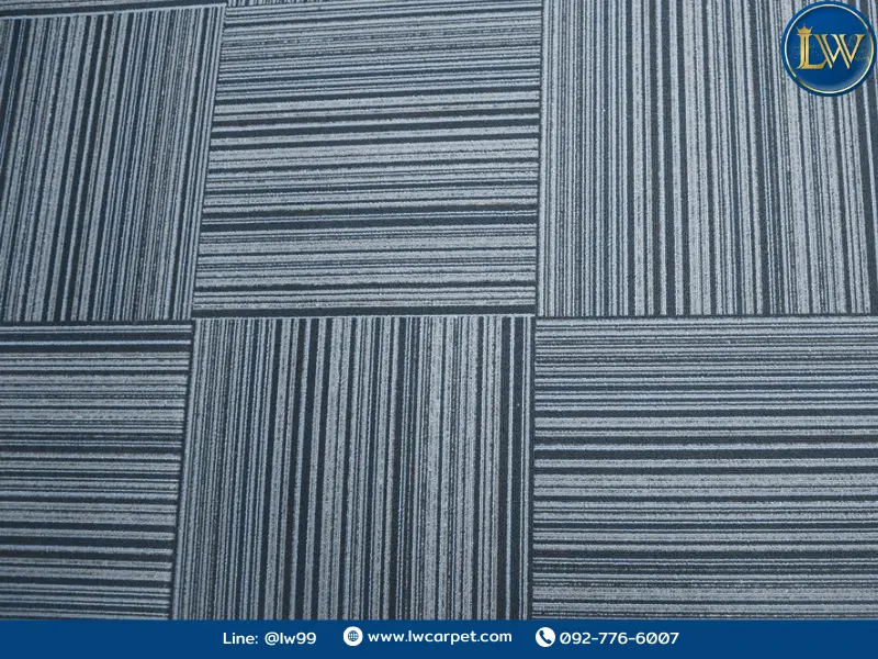 พรมแผ่น Carpet Tile รุ่น CKK-04 ลายเส้นริ้วโทนน้ำเงิน-เทา ปูพื้นแบบสลับทิศทางเป็นลายตาราง