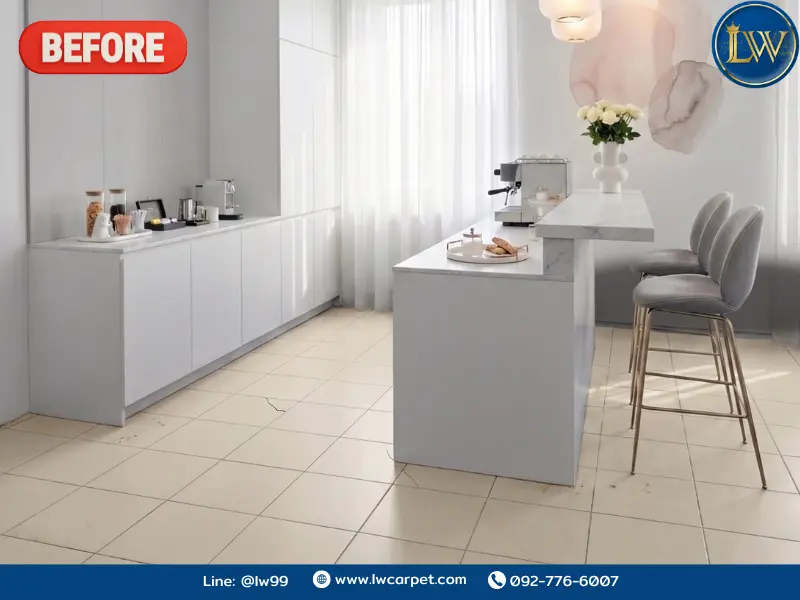 ก่อน-หลัง ปูพรมแผ่น Carpet Tile รุ่น CKK-04 ลายเส้นริ้วโทนน้ำเงิน-เทา เปลี่ยนพื้นห้องครัว/แพนทรีให้ดูเรียบร้อย