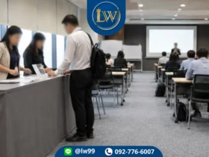 พรมอัดเรียบสีเทาขาวปูพื้นห้องสัมมนา พร้อมจุดลงทะเบียน เก้าอี้ประชุม และเวทีบรรยาย