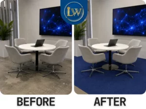 ภาพ Before After พรมสีน้ำเงินปูพื้นที่โต๊ะประชุมในบูธจัดแสดง ช่วยให้มุมรับรองดูเป็นสัดส่วนและโดดเด่นขึ้น