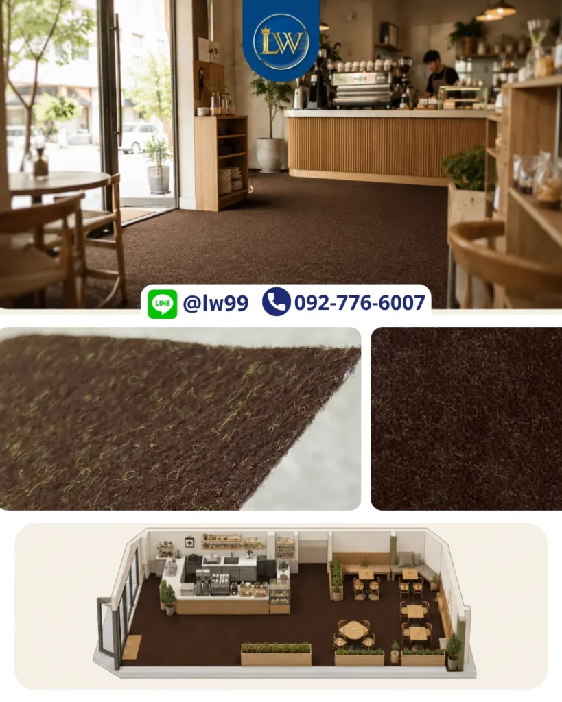พรมอัดเรียบสีน้ำตาลสำหรับร้านกาแฟ แสดงภาพใช้งานจริง ผิวพรม รายละเอียดสินค้า และมุมมองแปลนร้าน