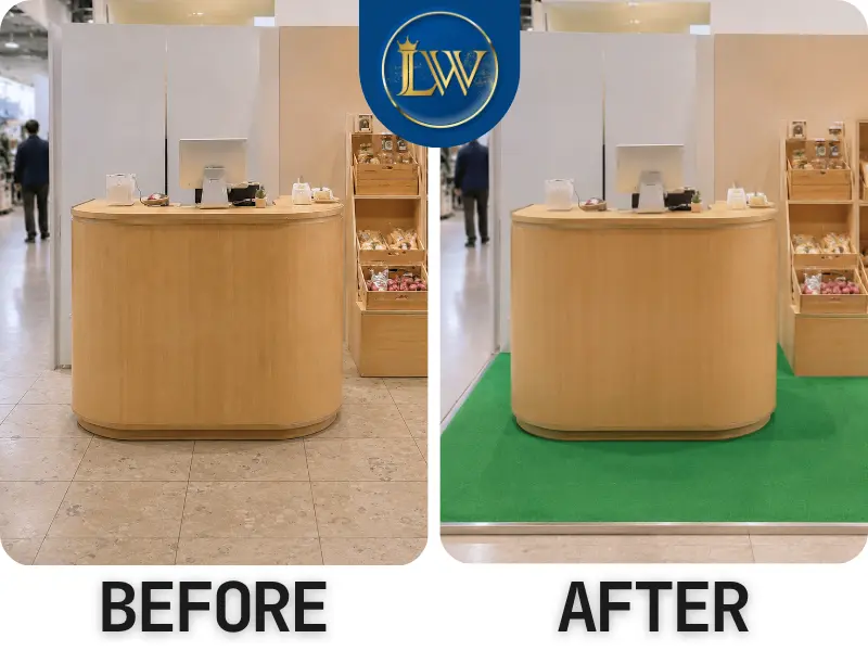 ภาพ Before After พรมสีเขียวสดปูพื้นหน้าเคาน์เตอร์บูธสินค้า ช่วยกำหนดพื้นที่ให้ดูชัดเจนและเป็นระเบียบ
