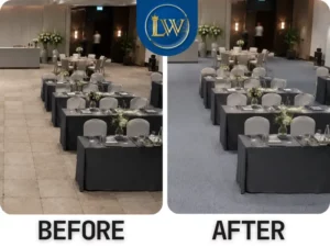 ภาพก่อนและหลังปูพรมอัดลูกฟูกสีเทา สำหรับห้องจัดเลี้ยง งานประชุม โรงแรม และงานอีเว้นท์