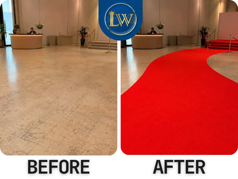 ภาพ Before After พรมสีแดงสดปูพื้นทางเดินภายในโถงงาน ช่วยกำหนดเส้นทางเดินให้ดูชัดเจนและเป็นสัดส่วน