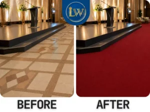 ภาพ Before After พรมสีแดงเข้มปูพื้นหน้าเวทีงานอีเวนต์ ช่วยให้พื้นที่จัดงานดูเป็นระเบียบและมีจุดนำสายตา