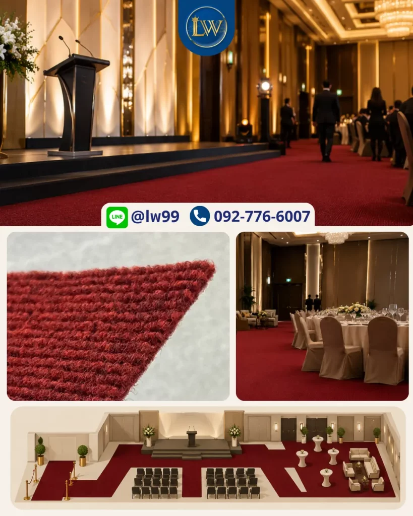 พรมสีแดงเข้มปูพื้นห้องจัดเลี้ยงและพื้นที่หน้าเวที พร้อมภาพรายละเอียดผิวพรม มุมโต๊ะจัดงาน และแบบจำลองการจัดวางพื้นที่
