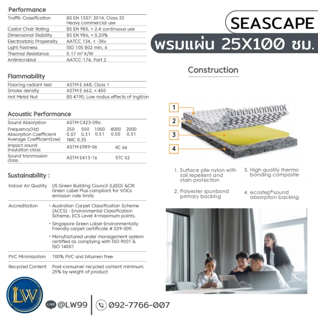 โครงสร้างพรมคุณภาพสูงที่ช่างปูพรมห้องอาหารเลือกใช้ รุ่น Seascape มีชั้นรองรับเสียงรบกวนได้ดีเยี่ยม