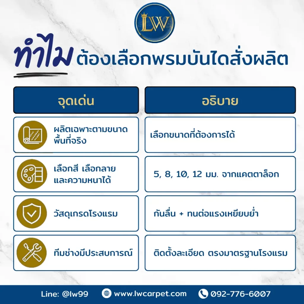 จุดเด่นพรมบันไดสั่งทอและพรมบันไดสั่งผลิต เหมาะกับพรมบันไดบ้านหรูและพรมบันไดสำหรับโรงแรม พร้อมบริการติดตั้งพรมบันไดครบวงจร