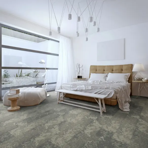 พรมปูพื้นลายโมเดิร์นจากพรมแผ่น carpet inter ช่วยให้ห้องนอนดูนุ่มละมุนและกลมกลืนกับแสงธรรมชาติ