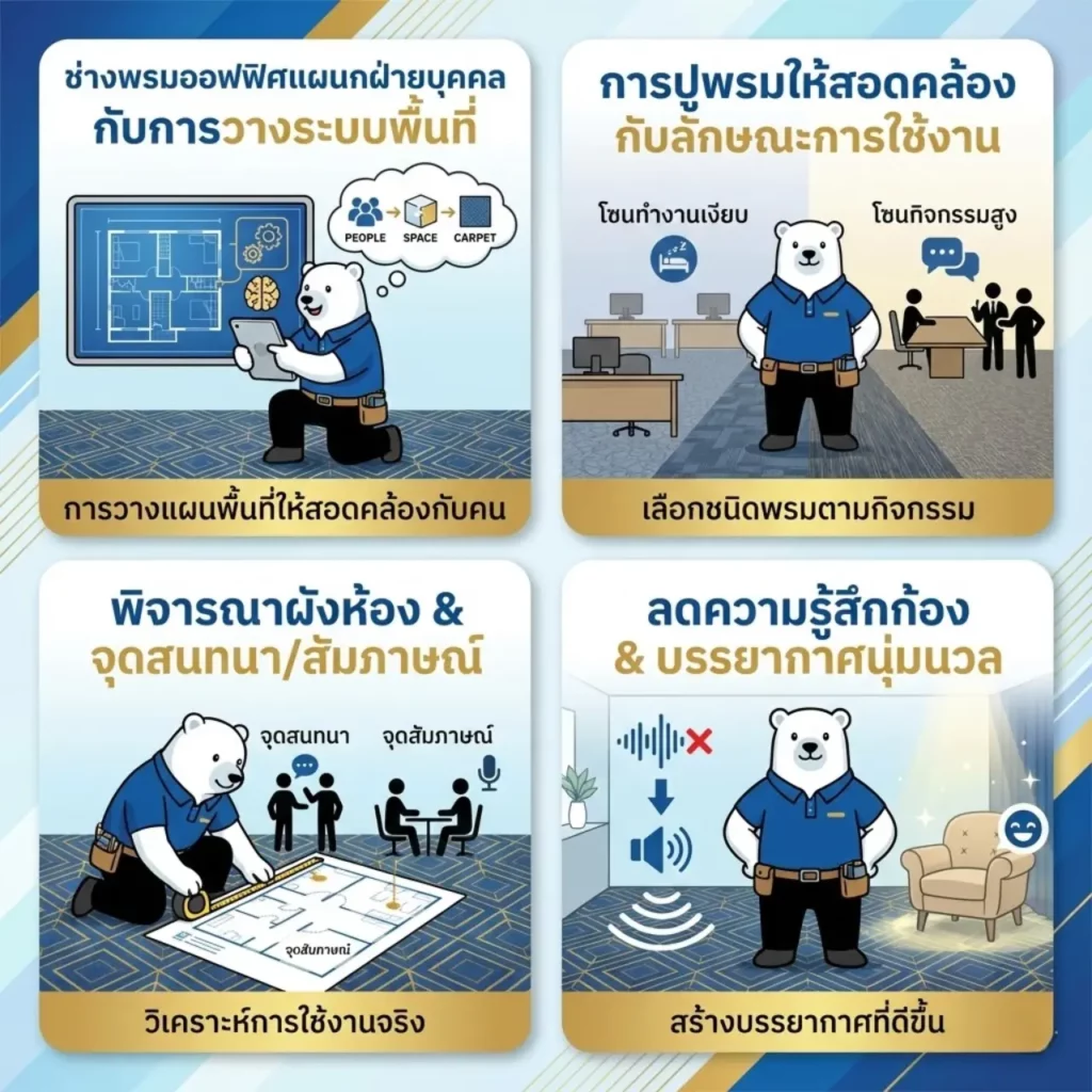 ช่างพรมออฟฟิศแผนกฝ่ายบุคคลวิเคราะห์ผังพื้นที่เพื่อเลือกพรมแผ่นออฟฟิศฝ่ายบุคคลให้เหมาะกับโครงการรีโนเวทสำนักงาน