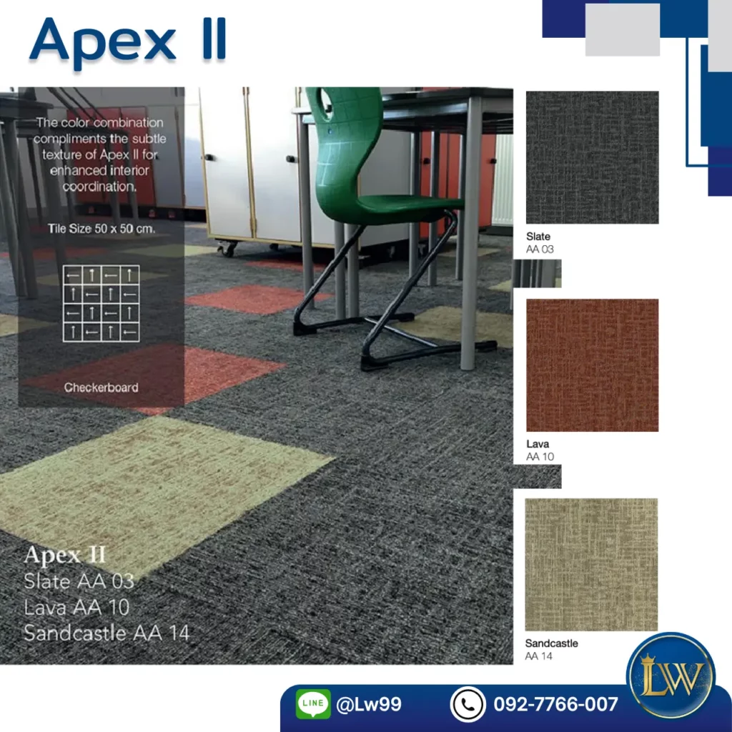 พรมแผ่นพื้นที่ทำงานโซนทางเดินสำนักงานอินทีเรียเลือกใช้ เพื่อความต่อเนื่องของพื้นที่ โดยช่างปูพรมแผ่นพื้นที่สำนักงาน