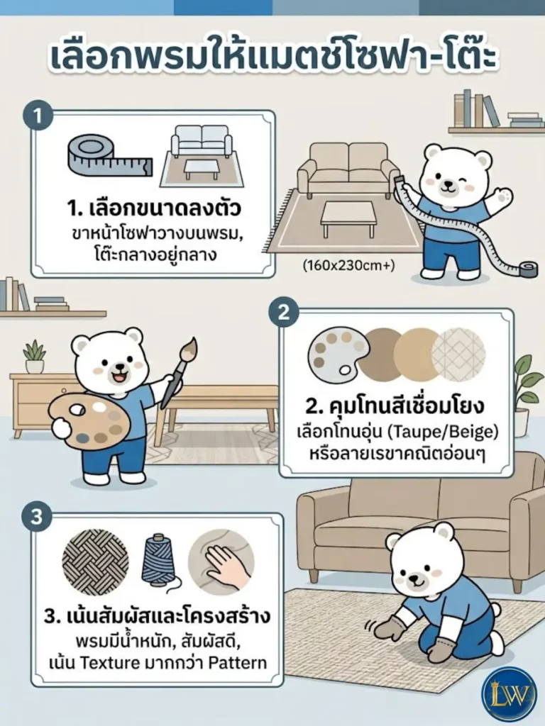 วิธีเลือกพรมให้แมตช์โซฟาและโต๊ะ ขนาดพอดี โทนสีอบอุ่น เน้น texture