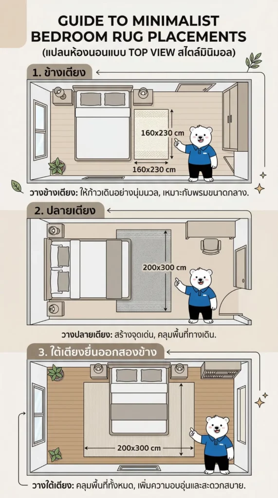 แปลนห้องนอนแบบ top view สไตล์มินิมอล แสดง 3 ตำแหน่งวางพรม
