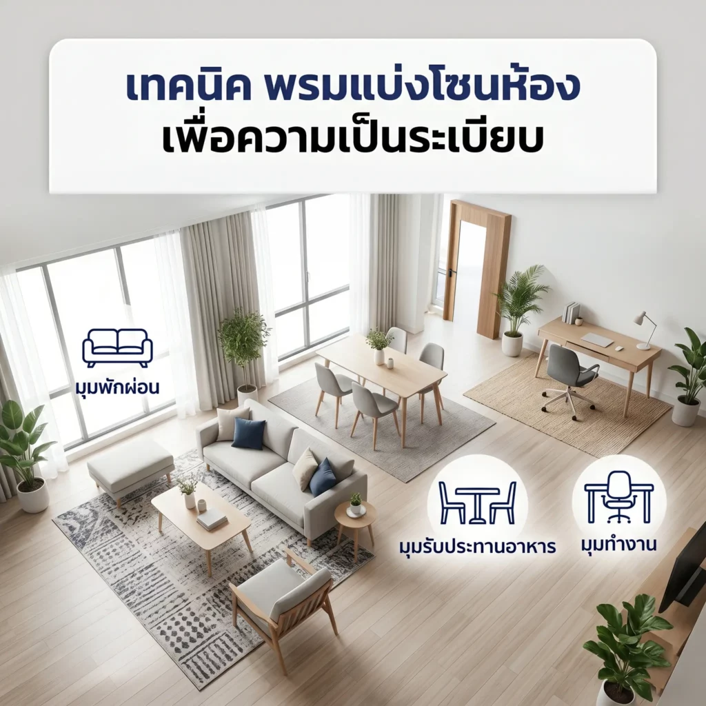 พรม LW Carpet ใช้แบ่งโซนห้องนั่งเล่นและทำงาน ช่วยจัดพื้นที่ให้ดูเป็นระเบียบ