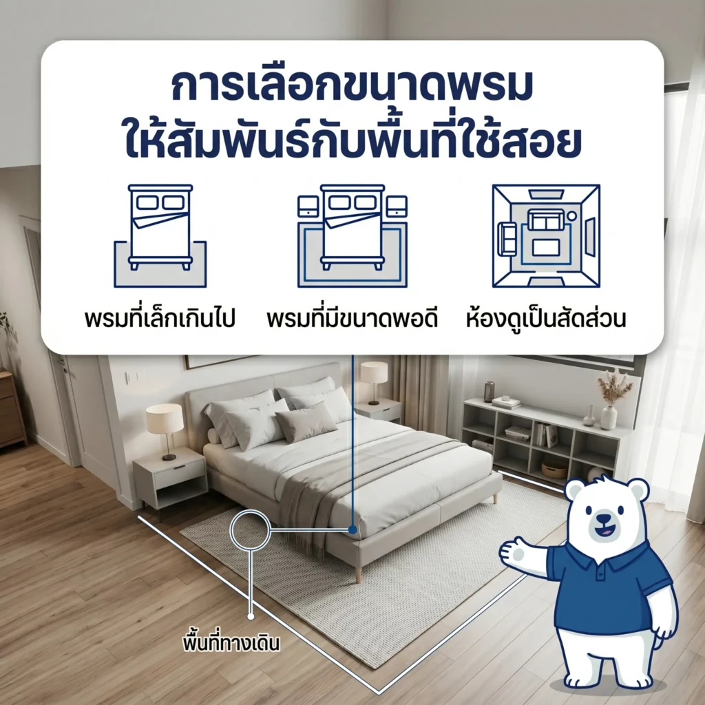 พรม LW Carpet ขนาดพอดีกับเตียงนอน ช่วยให้ห้องดูสมส่วนและเป็นสัดส่วนชัดเจน
