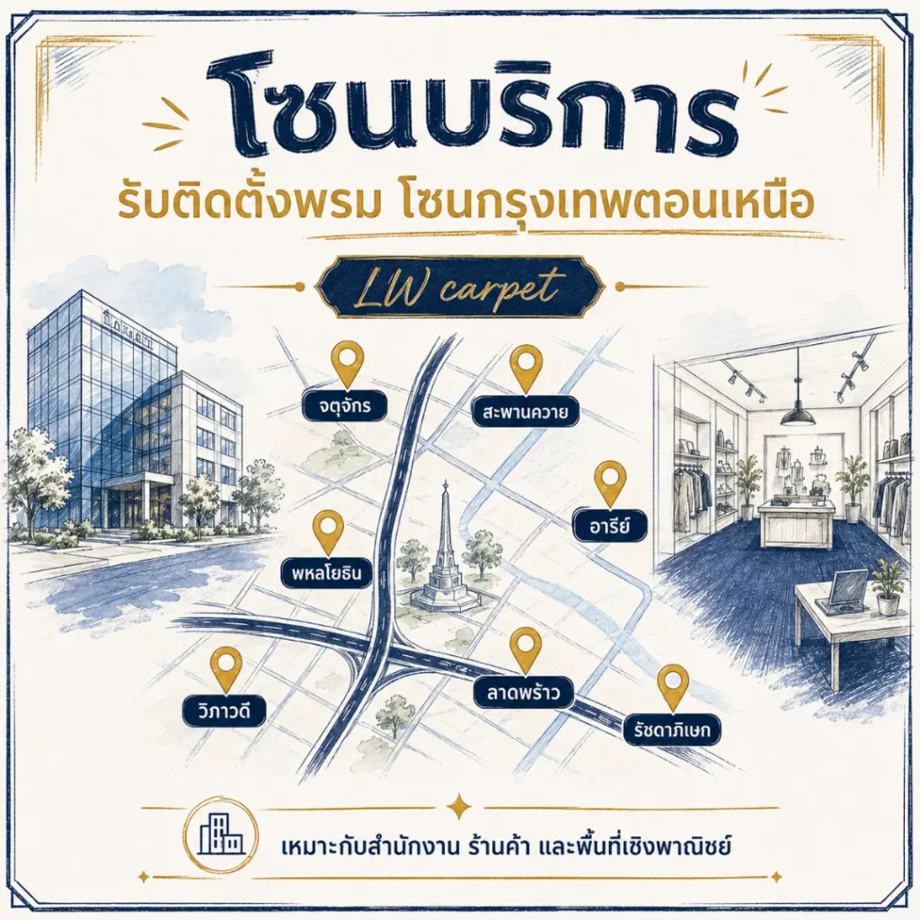 แผนที่โซนบริการรับติดตั้งพรมกรุงเทพตอนเหนือ ครอบคลุมจตุจักร สะพานควาย อารีย์ พหลโยธิน ลาดพร้าว วิภาวดี และรัชดาภิเษก
