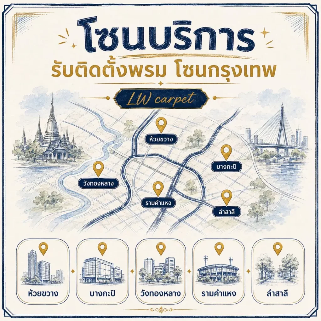 โซนบริการรับติดตั้งพรม LW Carpet ในกรุงเทพฯ ครอบคลุมห้วยขวาง บางกะปิ วังทองหลาง รามคำแหง และลำสาลี